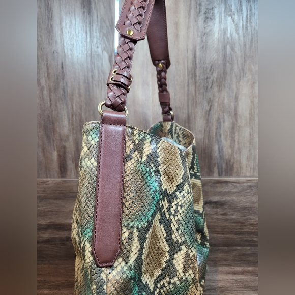 Rafe New York Python Leather Embossed Large Tote Tassel Brown Cream Teal Purse - Picture 4 of 11